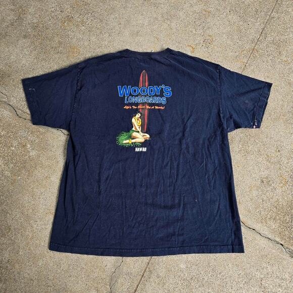 Vtg Y2k WOODY'S LONGBOARDS Hawaii Hula Girl Graphic Skate Surf Tee Shirt XL Fit - Picture 1 of 6